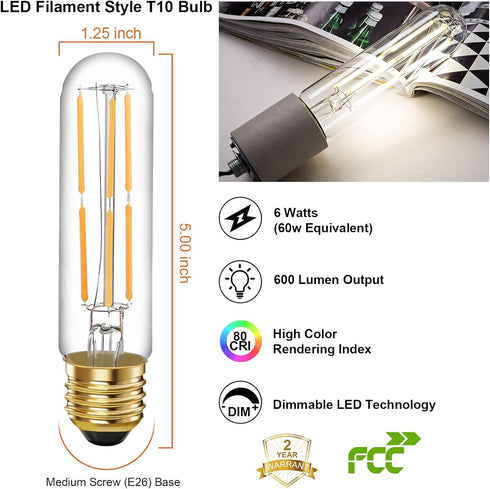 6 Pcs E26 T10 LED Tubular Light Bulbs, Daylight White Edison Bulb 4000K 6W Dimmable T10 Led Bulb for Pendant Lights, Lamps, Outdoor Long Light Bul...