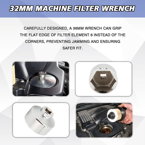 32mm Socket Oil Filter Wrench, 6-Point 3/8" Drive Oil Filter Removal Tool, Low Profile Drive Socket Fuel Filter Wrench for GM, Audi, BMW, Ford, Vo...