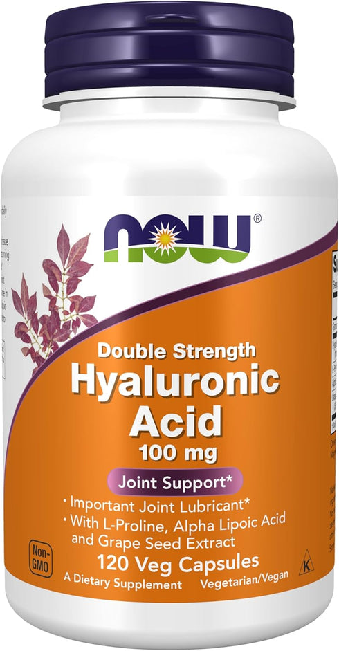 NOW Supplements, Hyaluronic Acid 100 mg, Double Strength with L-Proline, Alpha Lipoic Acid and Grape Seed Extract, 120 Veg Capsules...
