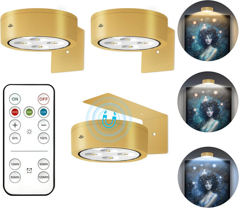 3Pcs Battery Operated Picture Light, Magnetic Led Painting Light with Remote Dimmable and Timer, 3 Lighting Modes Art Display Light for Picture Fr...