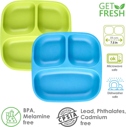 GET FRESH PLA Kids Divided Plates Set – 2-pack Melamine-Free Sectioned Plates for Kids and Toddlers – Stackable BPA-free Childrens Dinnerware Divi...