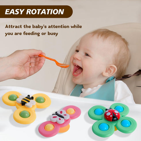 3PCS Suction Cup Spinner Toys for Babies, Fidget Spinners Sensory Bath Toys 6 12 18 Months, Airplane Car Travel Essential 1-3 Year Old Boy Girl Bi...