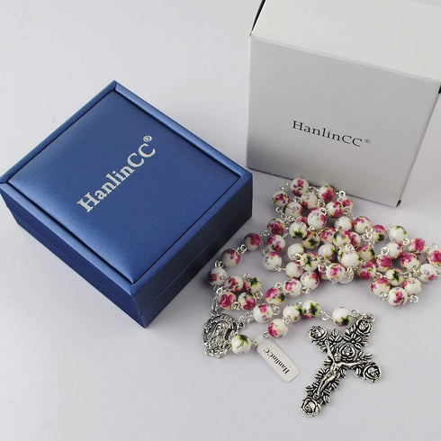 HanlinCC 8mm Round Ceramic Beads with Flower Painting Catholic Rosary Necklace with Maria Center piece and Flower Cross with Leather Gift Box...