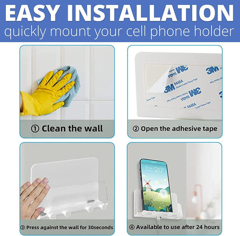 Clear Wall Mount Adhesive Phone Holder,Multi-Function Cell Phone Charging Brackets Holders,Hook for Living Room, Kitchen, Bathroom, Office,Compati...