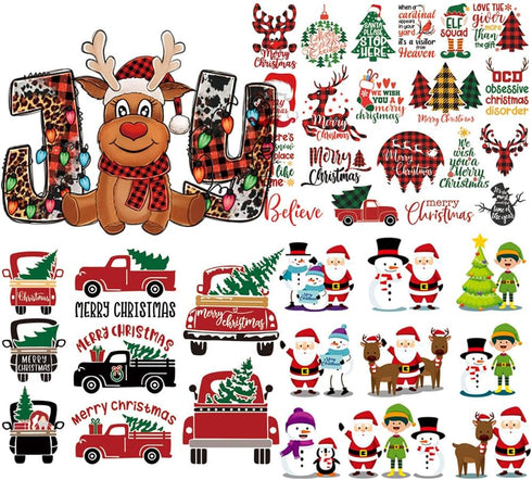 Xmas Iron on Stickers Christmas Patches Santa Claus Decals Snowman Deer Christmas Hat Christmas Tree Bell Penguin Pickup Gloves Heat Transfer Appl...