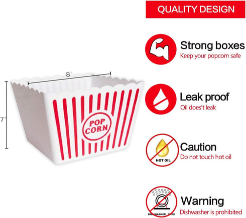 Novelty Place Plastic Popcorn Bowl, Red & White Striped Classic Popcorn Containers for Movie Night - 8" Square x 7" Deep (1 Pack)...
