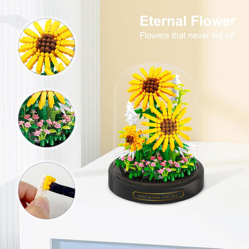 Flower Bouquets Building Toys - 545 PCS Sunflower Micro Building Blocks Kit with Dust Cover, Preserved Flower Home Decor Christmas New Year Birthd...
