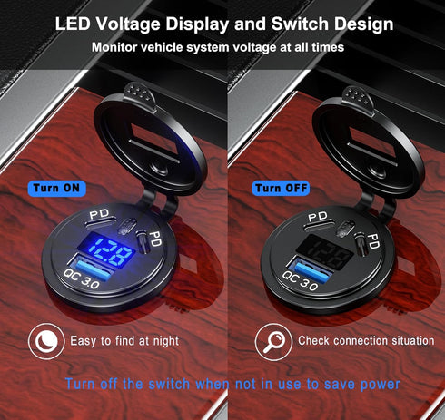 GemCoo 12V USB C Charge Socket, Dual 45W PD 18W QC3.0 12V USB Car Charge Outlet with Switch Voltmeter, Waterproof Fast Car Charger for for Car Boa...