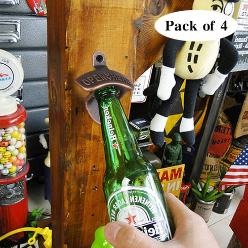 4 Pcs Bottle Opener Wall Mounted, Antique Metal Beer Bottle Top Openers Hardware With Mount Screws Set, Outdoor, Rustic, Cabinet, Bar (Vintage-Red...