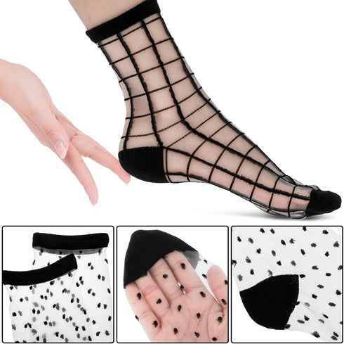 5Pairs Sheer Ankle Socks Black See Through Socks Striped Plaid Dot Cute Transparent Socks for Women Girls...