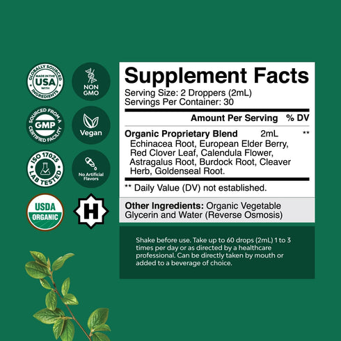 Certified Organic Lymphatic Drainage Drops - Herbal Lymphatic Cleanse and Immune Support Supplement with Echinacea Goldenseal & Red Clover Extract...