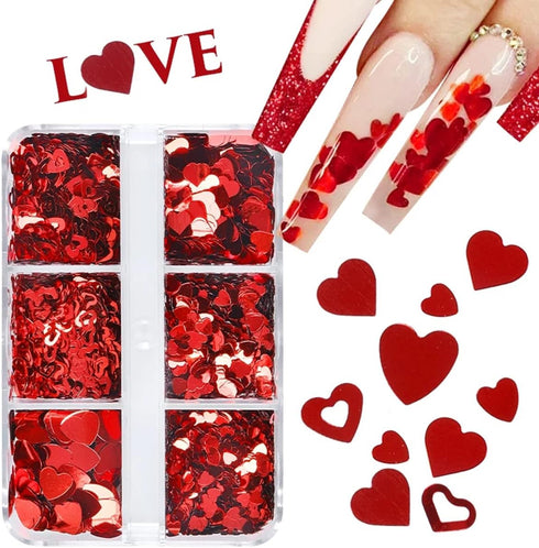 6 Grids Heart Nail Sequins 3D Holographic Nail Glitter Flakes Acrylic Nail Art Supplies Red Love Hearts Shaped Nail Glitter Sequins Valentine's Da...