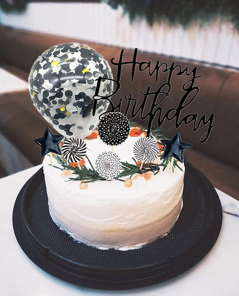 Black Happy Birthday Cake Topper Set 11 PCS Acrylic Topper Confetti Balloon Cool Stars Paper Fans Cupcake Picks Cake Decorations Supplies for Dad ...