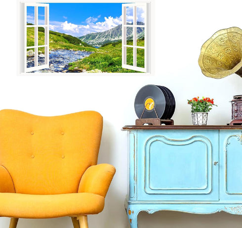 Landscape Wall Sticker Decor 3D Fake Window Wall Sticker Mountain Scenery Wall Sticker Peel and Stick Wall Art Wallpaper Removable Faux Window Wal...