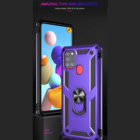 Androgate for Samsung Galaxy A21s Case with Tempered Glass Screen Protectors, Military-Grade Metal Ring Kickstand 15ft Drop Tested Shockproof Cove...