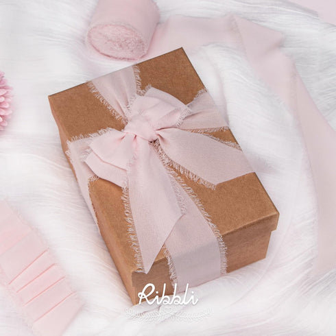 Ribbli Pale Blush Pink Chiffon Ribbon 1-1/2 inch x 20 Yard Handmade Fringe Chiffon Silk Ribbon, Pale Blush Ribbon for Wrapping, Wedding Invitation...