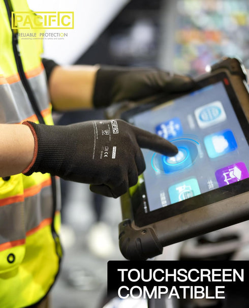 PACIFIC PPE Work Gloves PU Coated-12 Pairs, Touchscreen Working Gloves for Men and Women, Mechanic Gloves, Lightweight, Black, Large...
