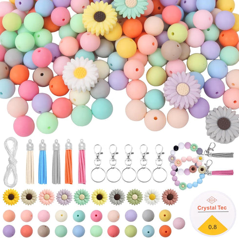 MARCHROSE 222pcs Keychain Making Kit,200pcs 12mm Silicone Beads Bulk 10pcs 20mm Flower Beads with 12pcs Accessories?Focal Beads for DIY Keychain K...