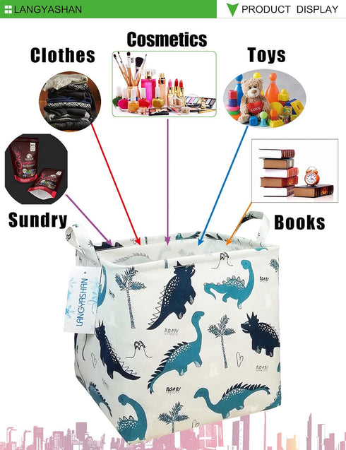 LANGYASHAN Square Storage Baskets Waterproof Canvas Children Laundry Nursery Hamper for Shelves Gift Baskets Toy Organizer Room Decor (Square Dino...