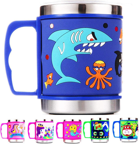 F-32 12 Oz Kids Stainless Steel Shark 3D Mug with 2 Pack Slider Closure Lids - Eco-Friendly - BPA Free Signature Collection (Shark Blue)...