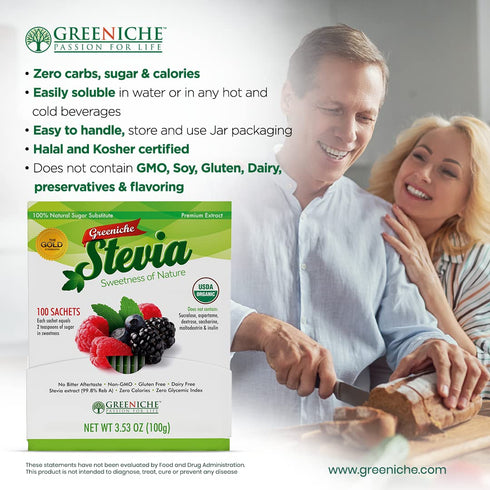 Greeniche Stevia 100 Sachets, Powdered Sweetener & Food Additive, A Completely Safe Sweetener Extracted from The Herb Stevia Rebaudiana, Sugar Sub...