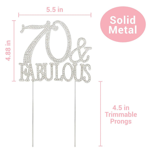 70 Cake Topper - Premium Silver Metal - 70 and Fabulous - 70th Birthday Party Sparkly Rhinestone Decoration Makes a Great Centerpiece - Now Protec...
