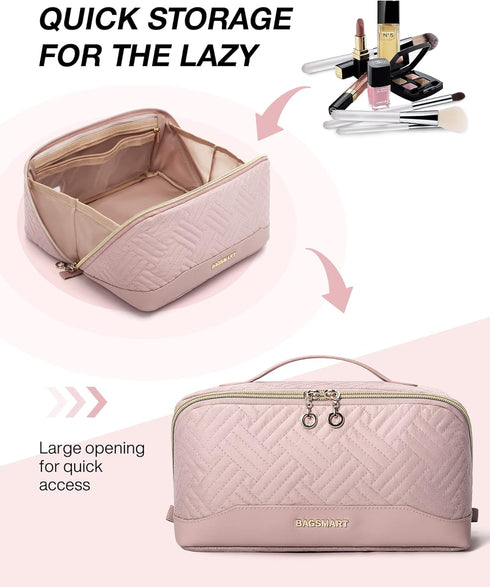 BAGSMART Travel Makeup Bag - Water-Resistant Portable Cosmetic Pouch, Flat Open Organizer for Toiletries and Brushes, Pink...