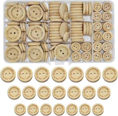 150PCs Craft Sewing Button 2 Holes Handmade with Love Round Wooden Buttons for Scrapbooking and Sewing DIY Craft (15mm/ 20mm/ 25mm)...