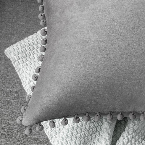 DEZENE Decorative Pillow Cases 24x24 Light-Grey: 2 Pack Cozy Soft Pom-poms Velvet Square Throw Pillow Covers for Farmhouse Home Decor...