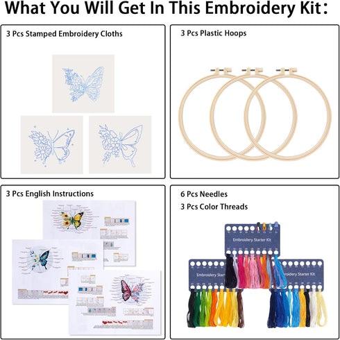 tyrixma 3 Sets Embroidery Starter Kit with Butterfly Flower Pattern for Beginners, Cross Stitch Kits for Adults with 3 Embroidery Hoops, Color Thr...