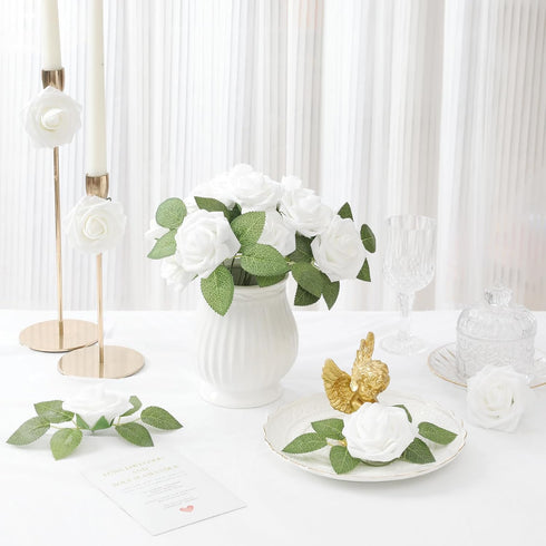DerBlue 60pcs Artificial Roses Flowers with stem and 10pcs Green Leaves Real Looking Fake Roses Artificial Foam Roses Decoration DIY for Wedding,A...