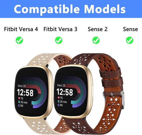 Leather Bands Compatible with Fit bit Versa 4 Bands & Versa 3 Bands & Sense 2 Wristbands, Breathable Floral Hollow-Out Lace Sense Leather Strap fo...