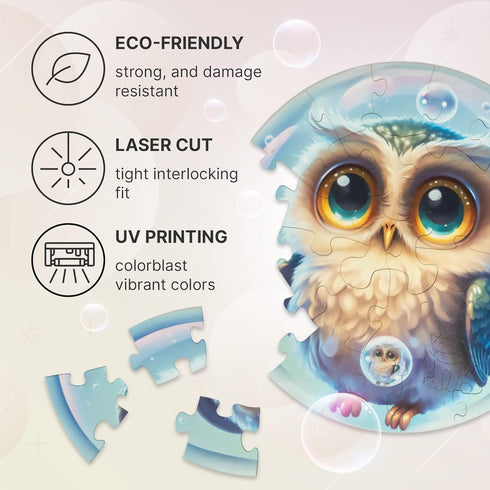 UNIDRAGON Original Wooden Jigsaw Puzzles for Kids Ages 3-5 — Bubblez Owl — 30 Pieces Puzzle Round Shape 9.8×9.8 Inches Toddler Kids Activities Tin...