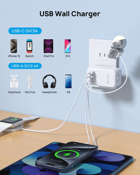 TROND 3 Prong to 2 Prong Adapter with 360° Rotating Plug, 2 Prong Outlet Extender with 3 AC Outlets and 4 USB Ports(2 USB C), US to Japan Plug Ada...