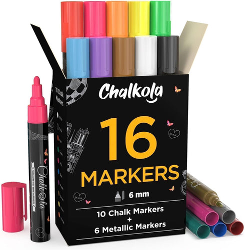 Chalkola Liquid Chalk Markers for Blackboard & Glass (Pack of 16, 6mm Reversible Tip) Washable Chalk Pens for Window, Bistro, Mirror, Car, Wall Ca...