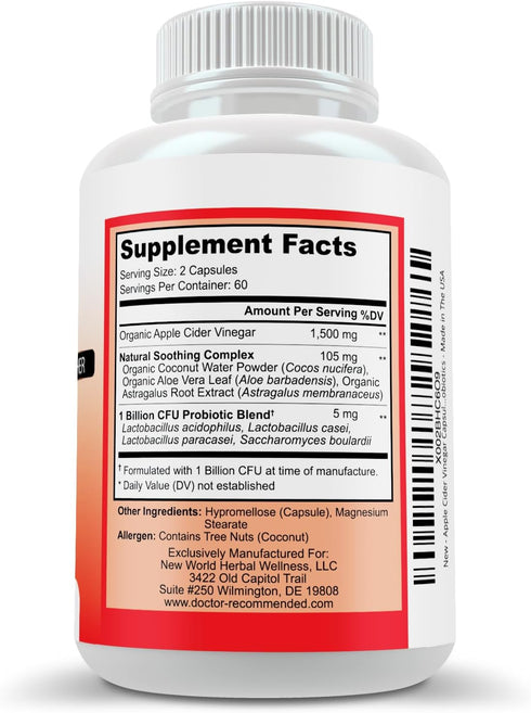 Apple Cider Vinegar Capsules - (120 Veggie Capsules) Organic ACV Supplement with Probiotics - 1500mg per Serving - Supports General Wellness & Dig...