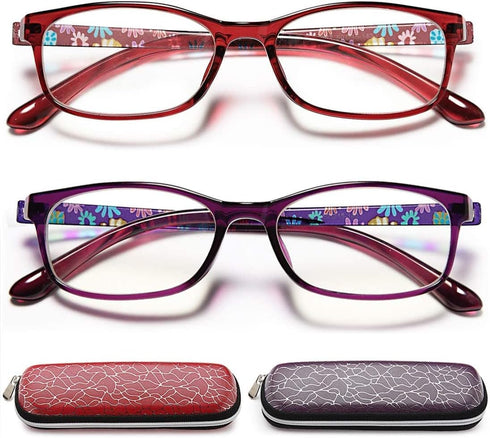 EYEURL Reading Glasses Women Blue Light Blocking - Set of 2 Pattern Design Value Computer Readers (Red+Purple, 2.75)...