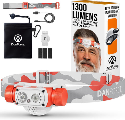 DanForce Headlamp Rechargeable, American LED Ultra Bright 1300 Lumens Head lamp, USB Type C Rechargeable Headlamp,IPX65 Head Light, Dimmable, Revo...