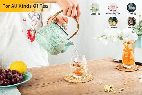 TOPTIER Japanese Teapot with Stainless Steel Infuser, Cast Iron Tea Kettle Stovetop Safe, Leaf Design Coated with Enameled Interior for 32 Ounce (...