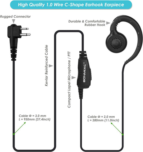 2-Pack Walkie Talkie Earpieces, 2.5mm/3.5mm 2-Pin Two Way Radio Headset with PTT Mic and 180° rotatable earbud, Compatible with Motorola Two-Way R...