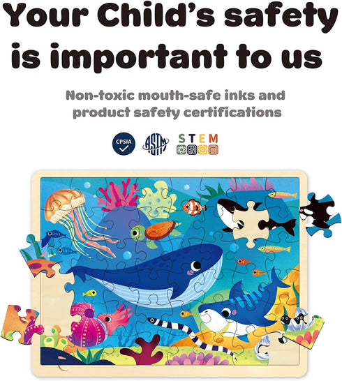 48 Piece Puzzles for Kids Ages 3-5 with Unique Puzzle Pieces, Wooden Jigsaw Puzzle for 3 4 5 6 7 8 Year Old, Ocean Animal Toddler Puzzles for Kids...
