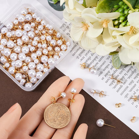1 Box 120Pcs Hypoallergenic Pearl Earring Posts Pearl Earring Stud Findings with Loop and Imitation Pearl Beads Gold Stainless Steel Earring Studs...