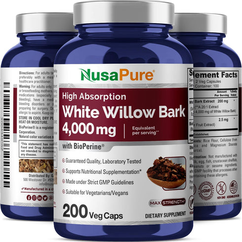 NusaPure White Willow Bark 4000mg, 200 Veggie Capsules, Max Strength, Non-GMO, Bioperine, Herb Extract...