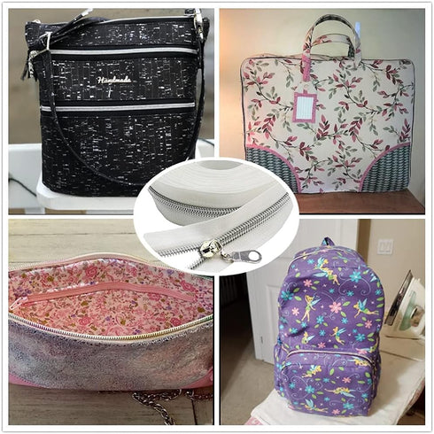 MebuZip #5 Silver Metallic Nylon Coil Zippers by The Yard Bulk Coil Zipper Roll 10 Yards with 25pcs Pulls for DIY Sewing Craft Bags (White)...