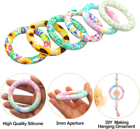 6 Pcs Silicone Beadable O Ring, 65mm Round Silicone Loop with 2 Hole Focal Frame Silicone Pendant for DIY Keychain, Jewelry Making, Necklace, Hang...