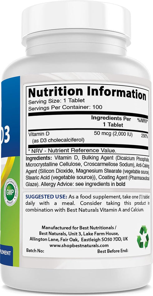Best Naturals Vitamin D3 2000 IU (50 mcg) - 100 Tablets - 100 Days Supply - Helps Support Immune Health, Strong Bones and Teeth, & Muscle Function...