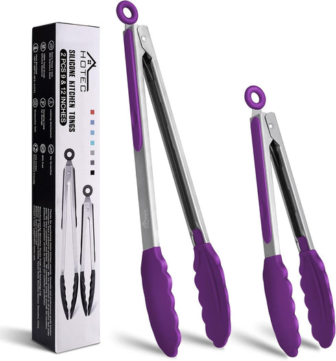 HOTEC Premium Stainless Steel Locking Kitchen Tongs with Silicon Tips, Set of 2-9" and 12" (Purple)...