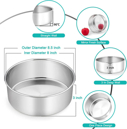 TeamFar Round Cake Pan, 8’’ x 3’’ Stainless Steel Deep Baking Roasting Cake Pan for Birthday Party Wedding, Non-Toxic & Heavy Duty, Deep & Straigh...