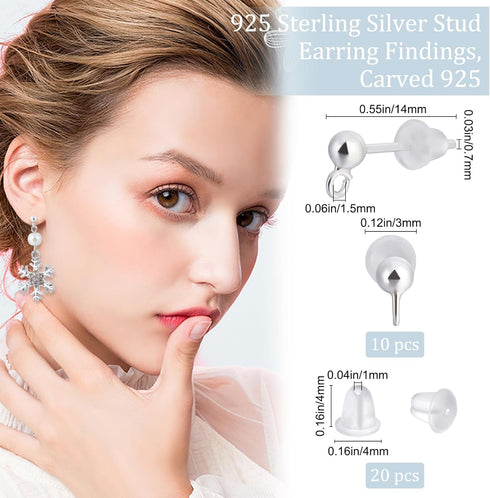 Beebeecraft 1 Box 10Pcs Ball Stud Earring Findings 925 Sterling Silver Stud Earring Posts Finding Kit with Loop and Plastic Ear Nuts for Women Jew...