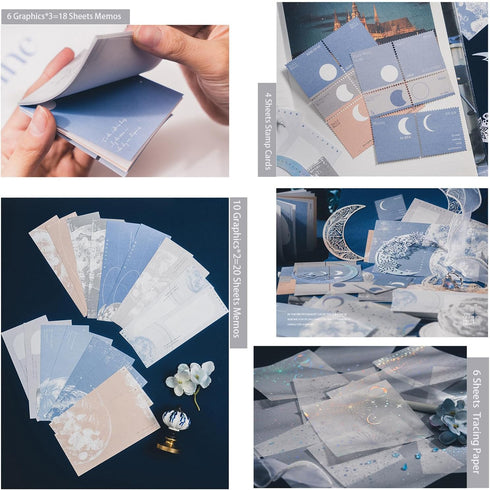 Doraking 63PCS Moon Embellishment Scrapbook Paper Packs for Journaling Supplies, Material Papers Memos Stamps Cards for Journals Planners Aestheti...